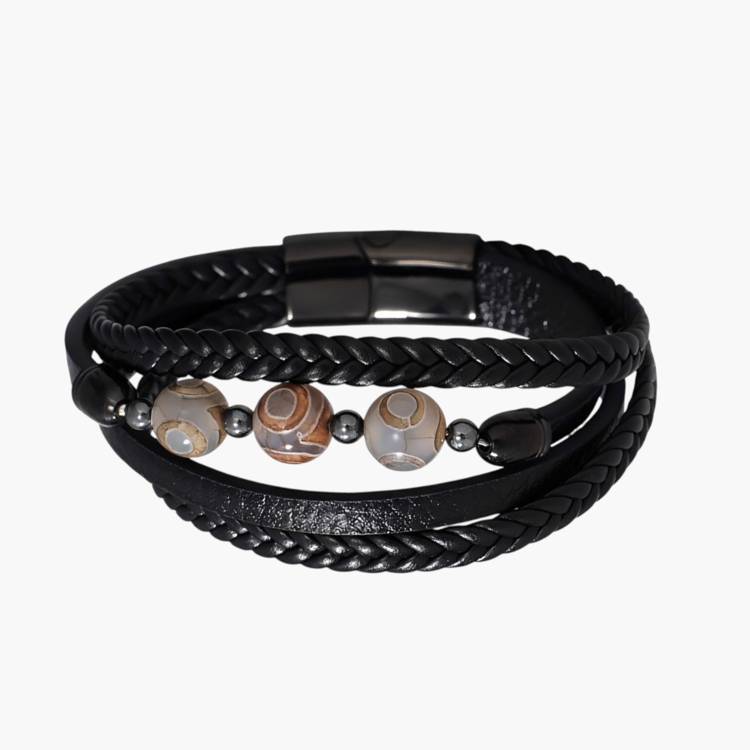 Pulseira de Couro Trançado e Aço Inoxidável