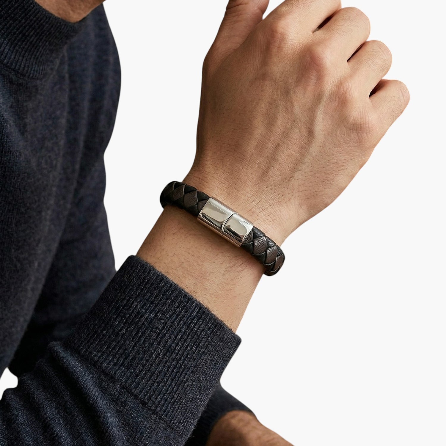 Pulseira de Couro e Aço Inoxidável