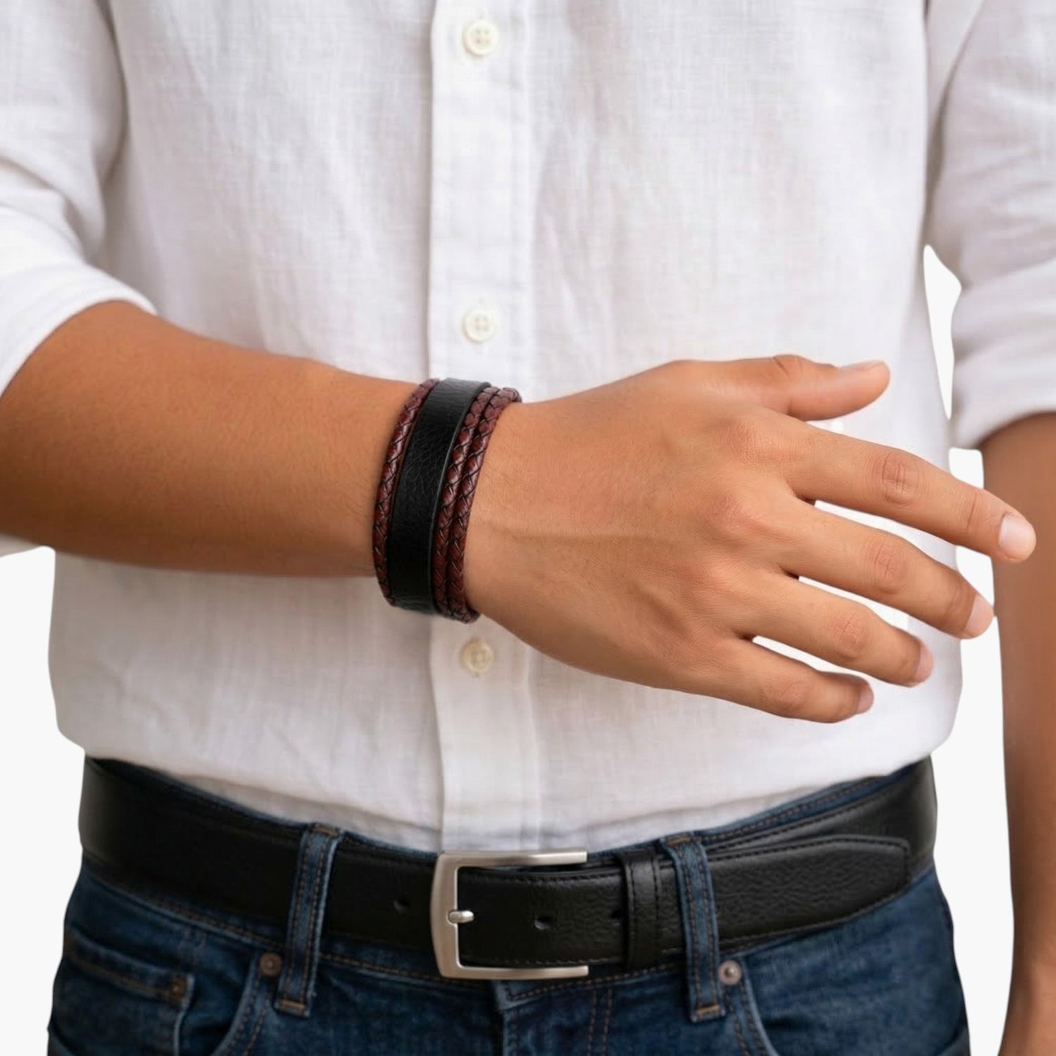 Pulseira Multicamadas em Couro Trançado e Aço Inoxidável