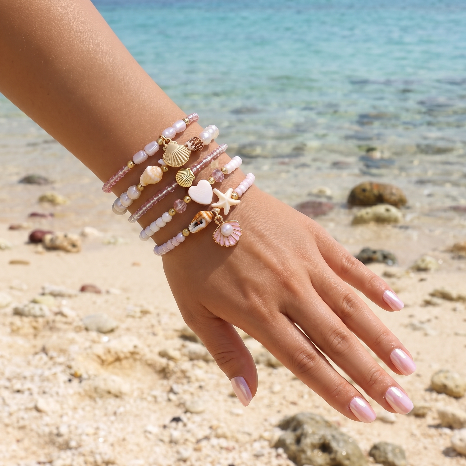 Conjunto de Pulseiras Conchas e Pérolas