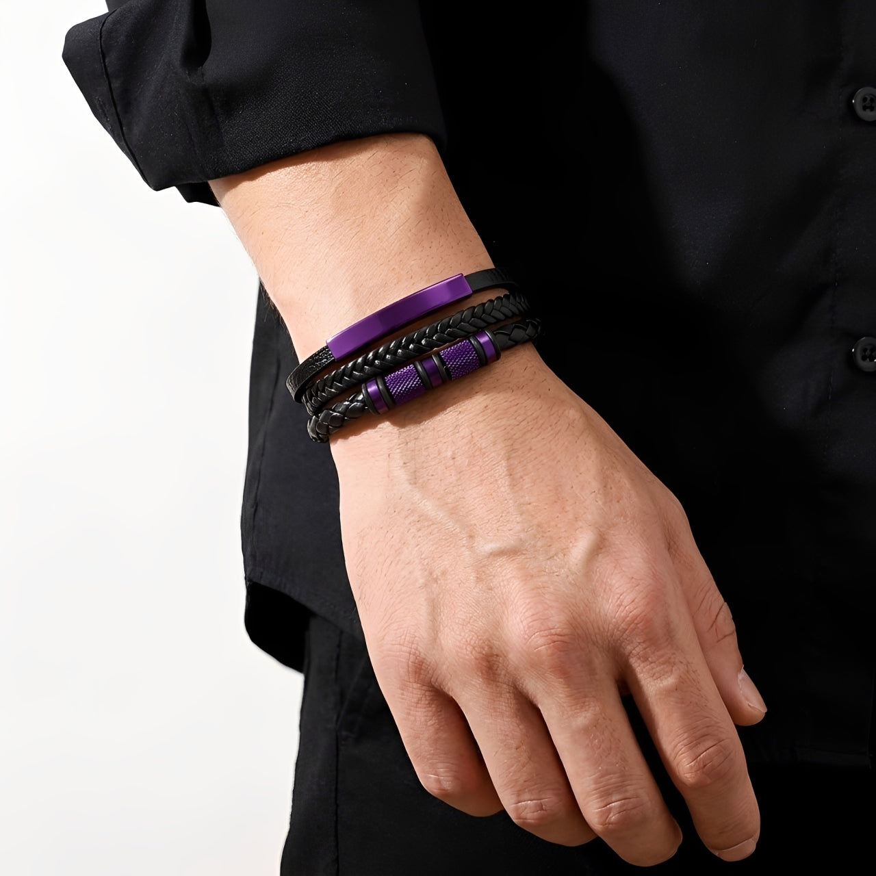 Pulseira de Couro Trançado e Aço Inoxidável