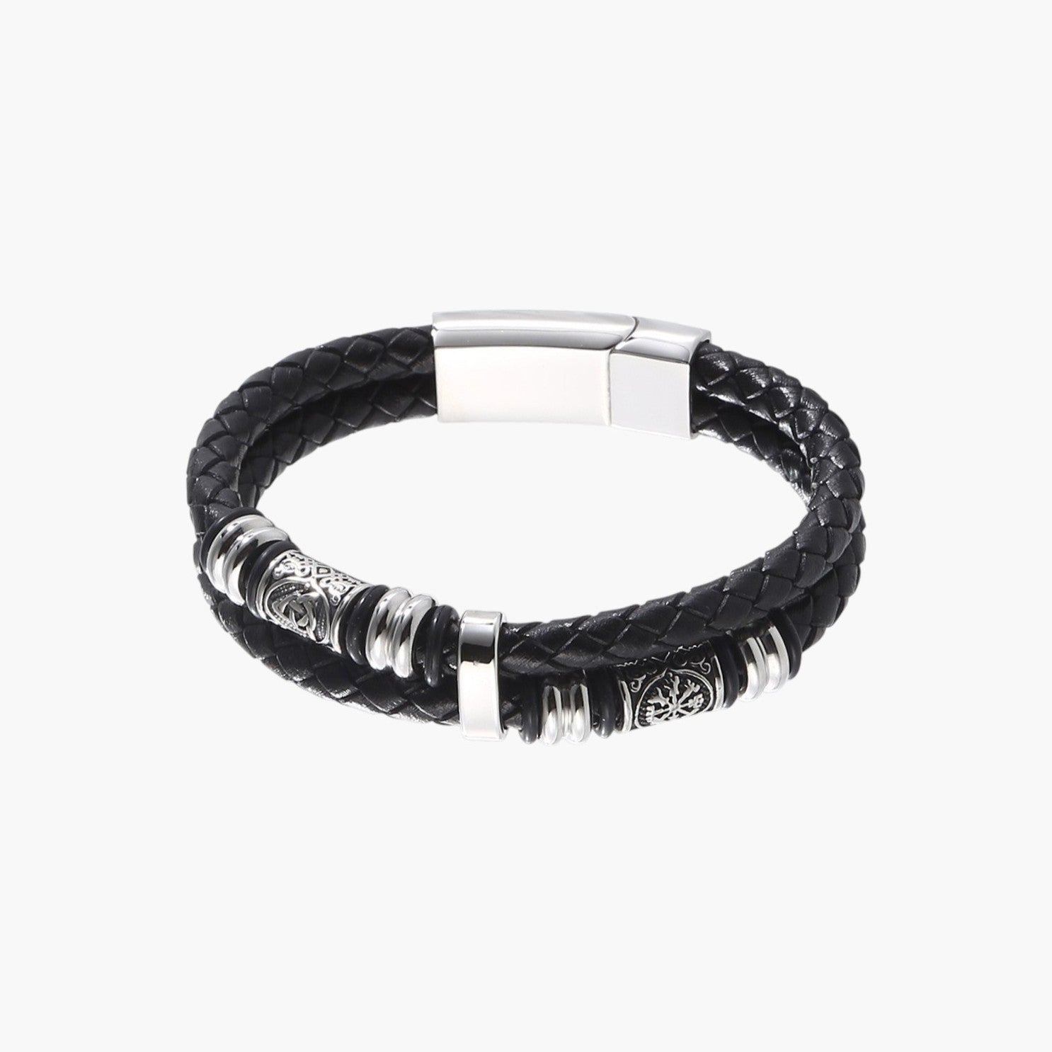 Pulseira em Couro Entrançado e Aço Inoxidável