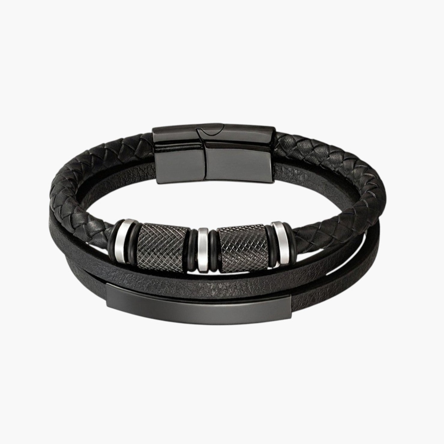 Pulseira em Couro Entrançado e Aço Inoxidável