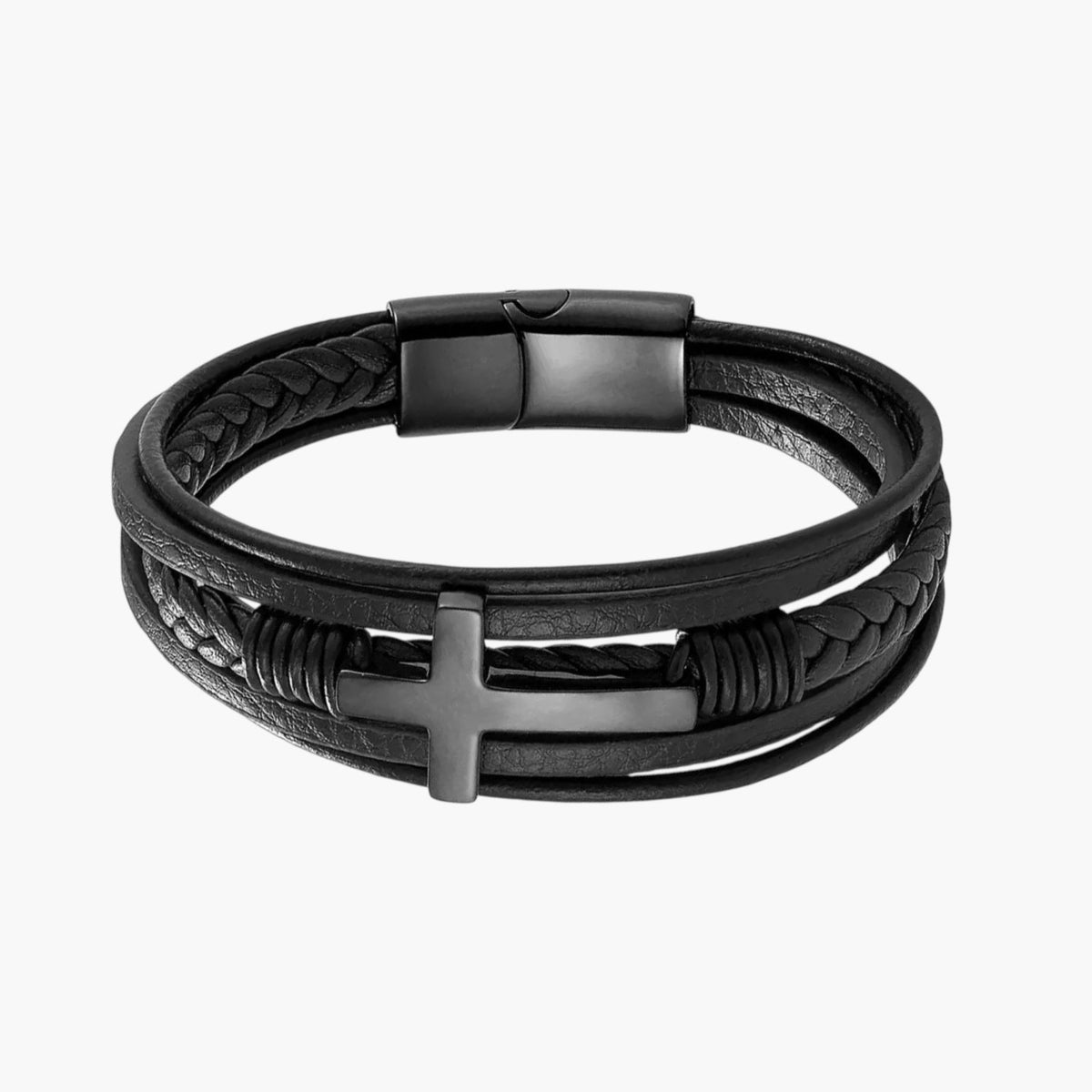 Pulseira Cruz em Couro e Aço Inoxidável