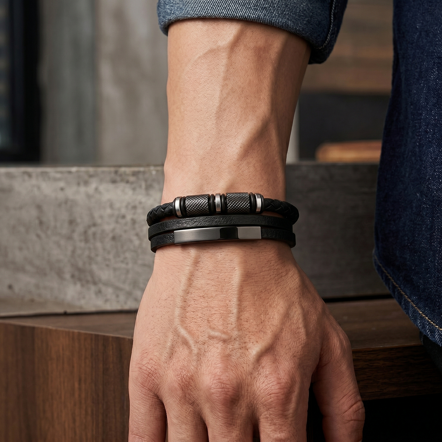 Pulseira em Couro Entrançado e Aço Inoxidável