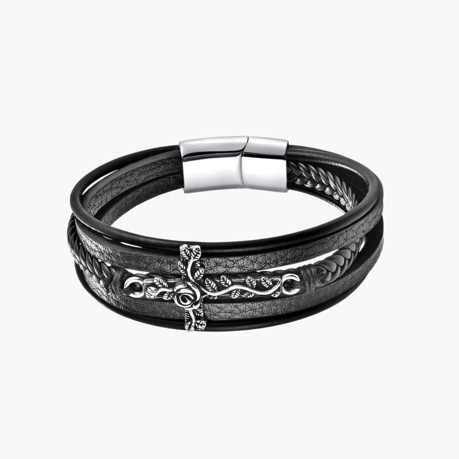 Pulseira Cruz em Couro Multicamadas
