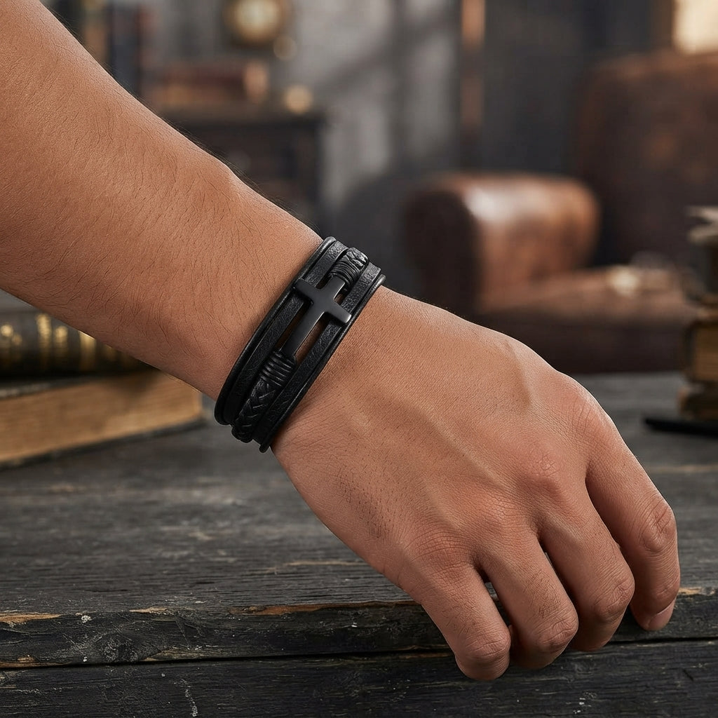 Pulseira Cruz em Couro e Aço Inoxidável