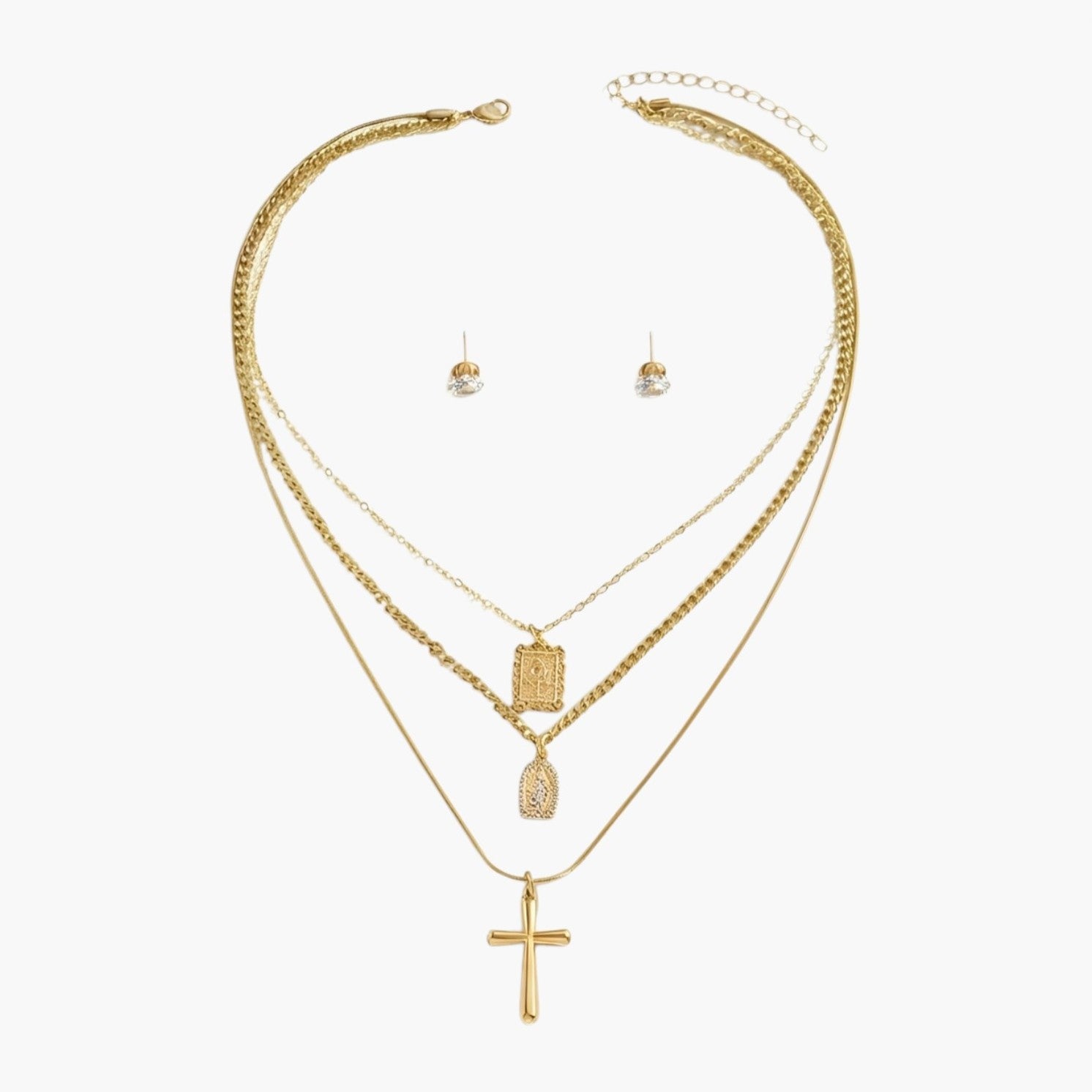 Conjunto Colar Multicamadas com Cruz e Brincos