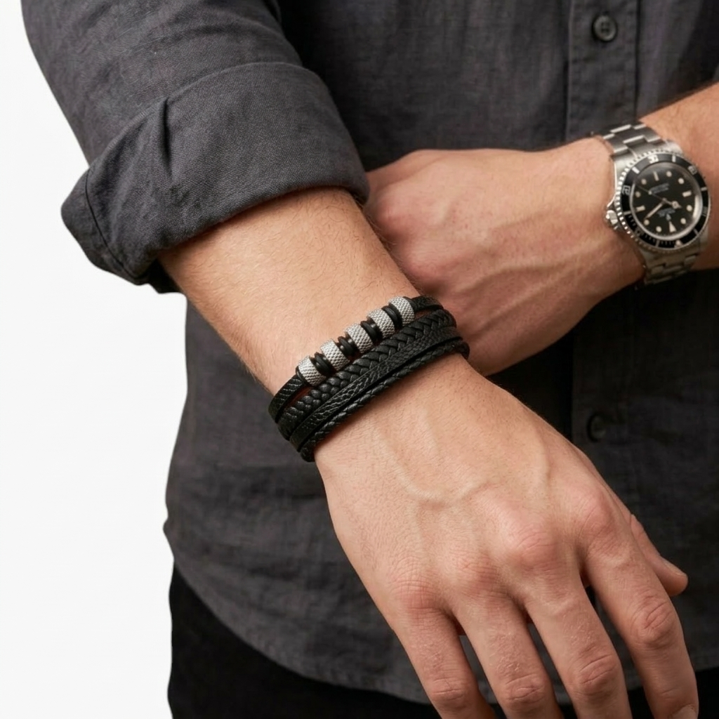 Pulseira de Couro e Aço Inoxidável