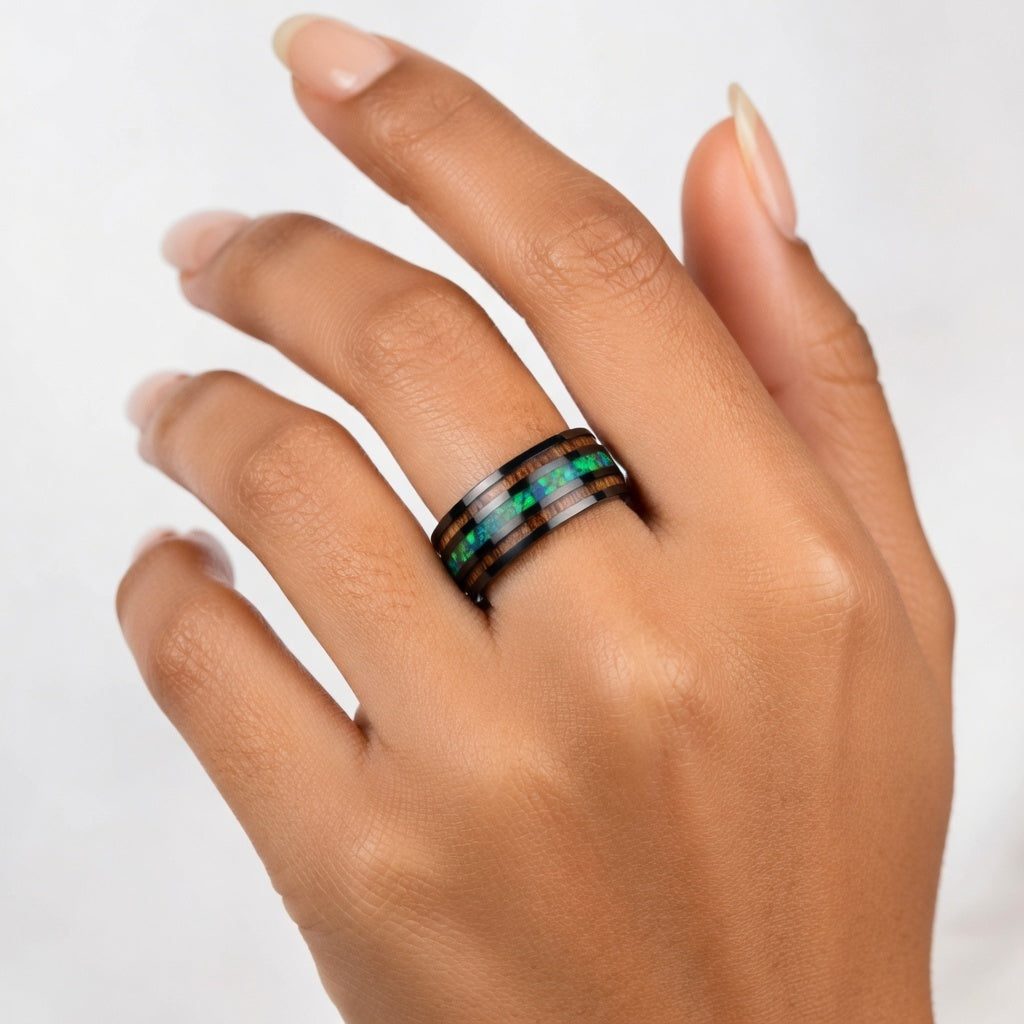 Anel de Tungsténio com Opala Azul