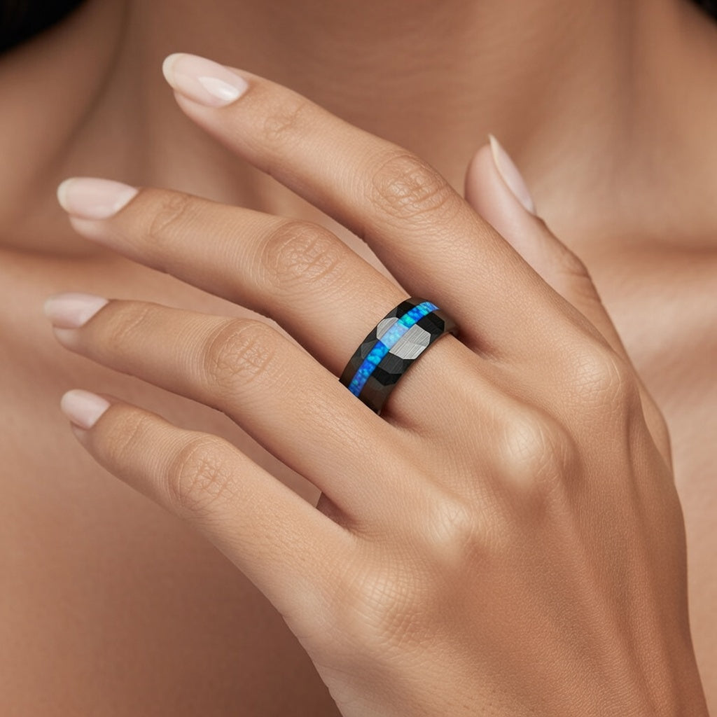 Anel de Tungsténio com Incrustação de Opala Azul