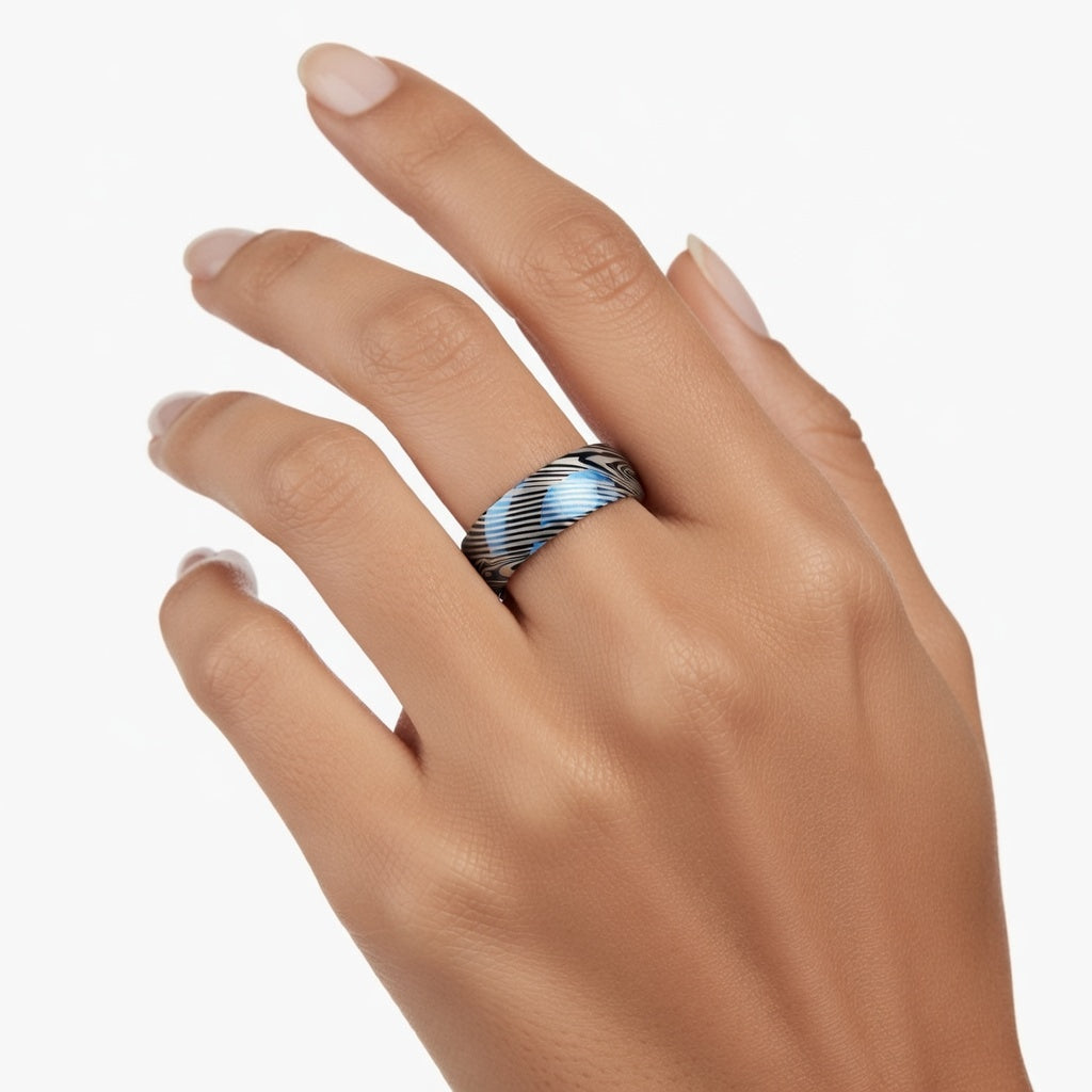 Anel Premium em Tungsténio Damascus Azul