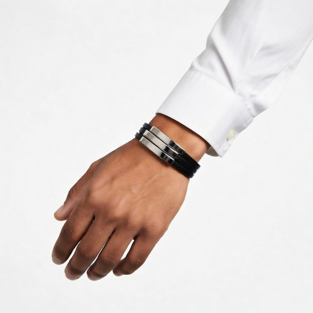 Pulseira de Couro e Aço Inoxidável